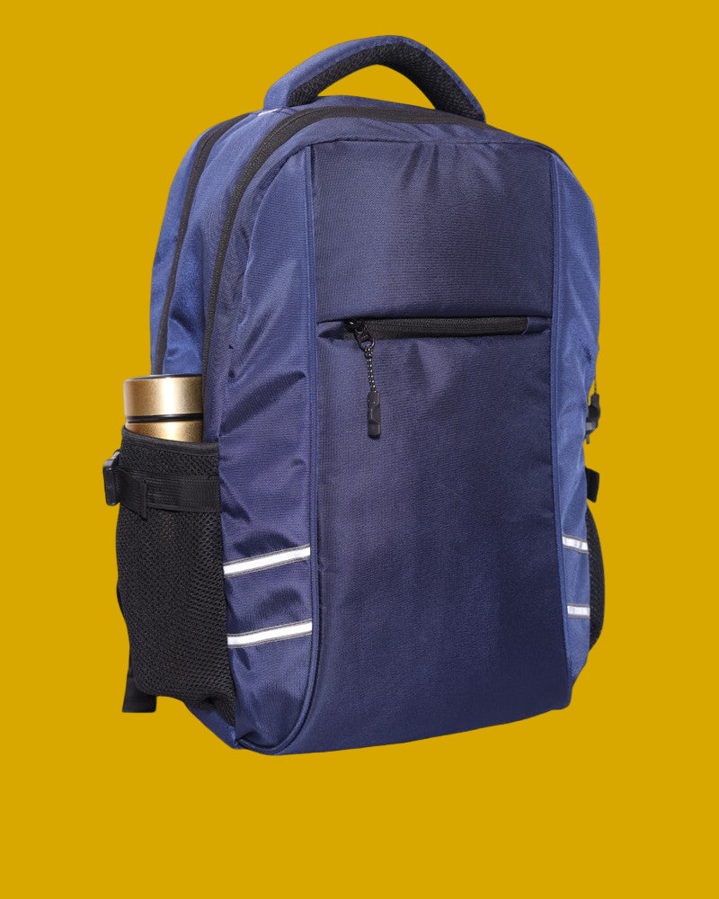 Corporate Bagpack in Blue with a water bottle on a mustard background