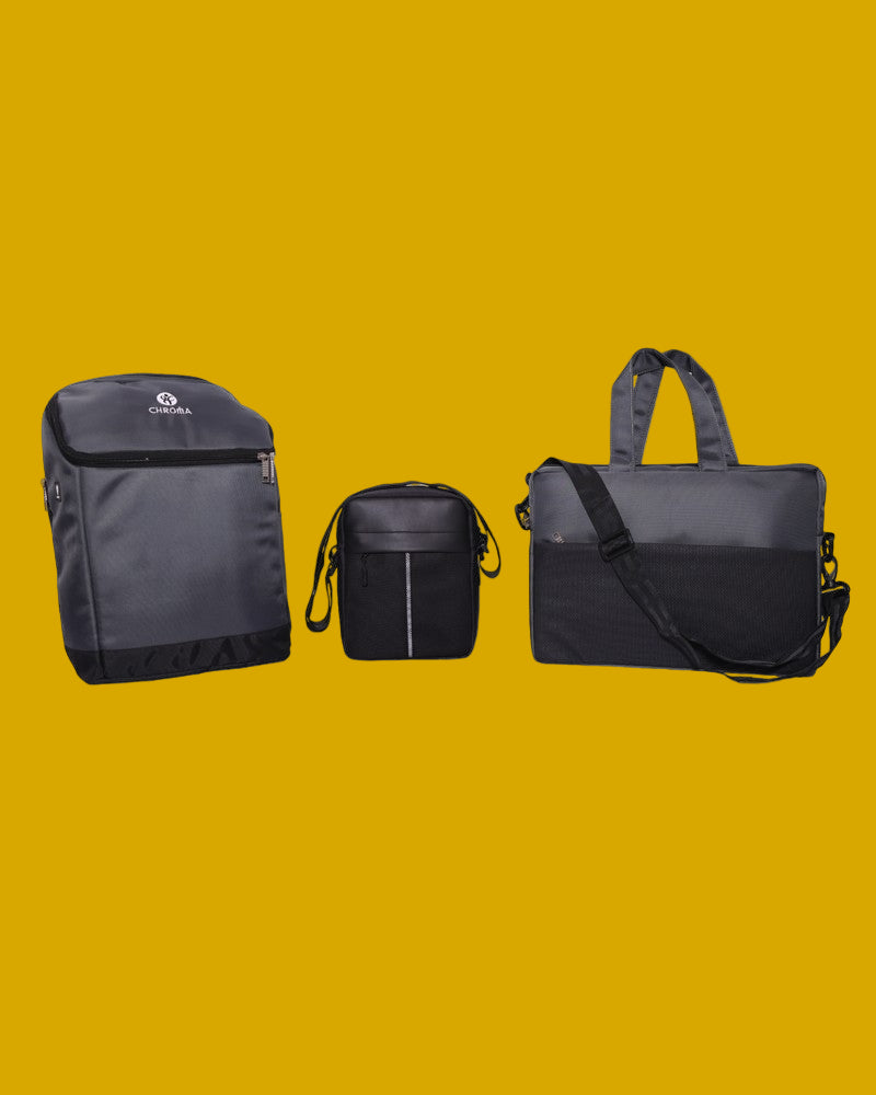 Set of three black bags including a backpack, a smaller bag, and a shoulder bag on a mustard background.